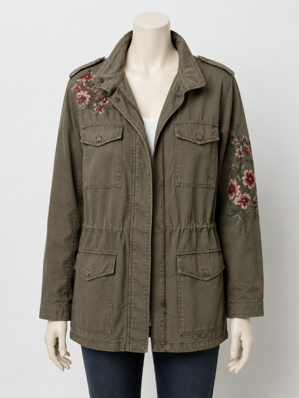 Knox Rose Utility Jacket with Floral Embroidery Drawstring Waist Cargo